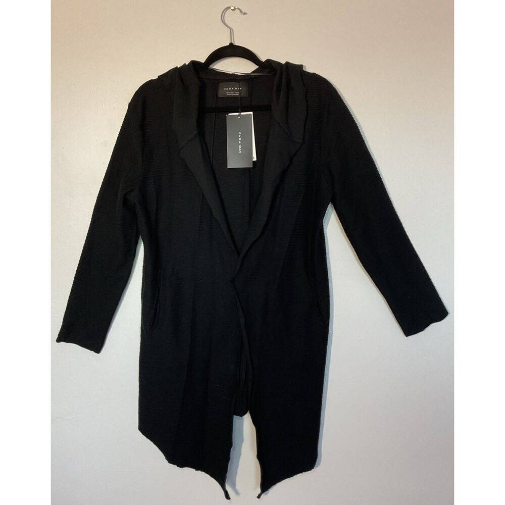 Zara Man Hooded Open-Front Drape Cardigan Black Pockets Size S